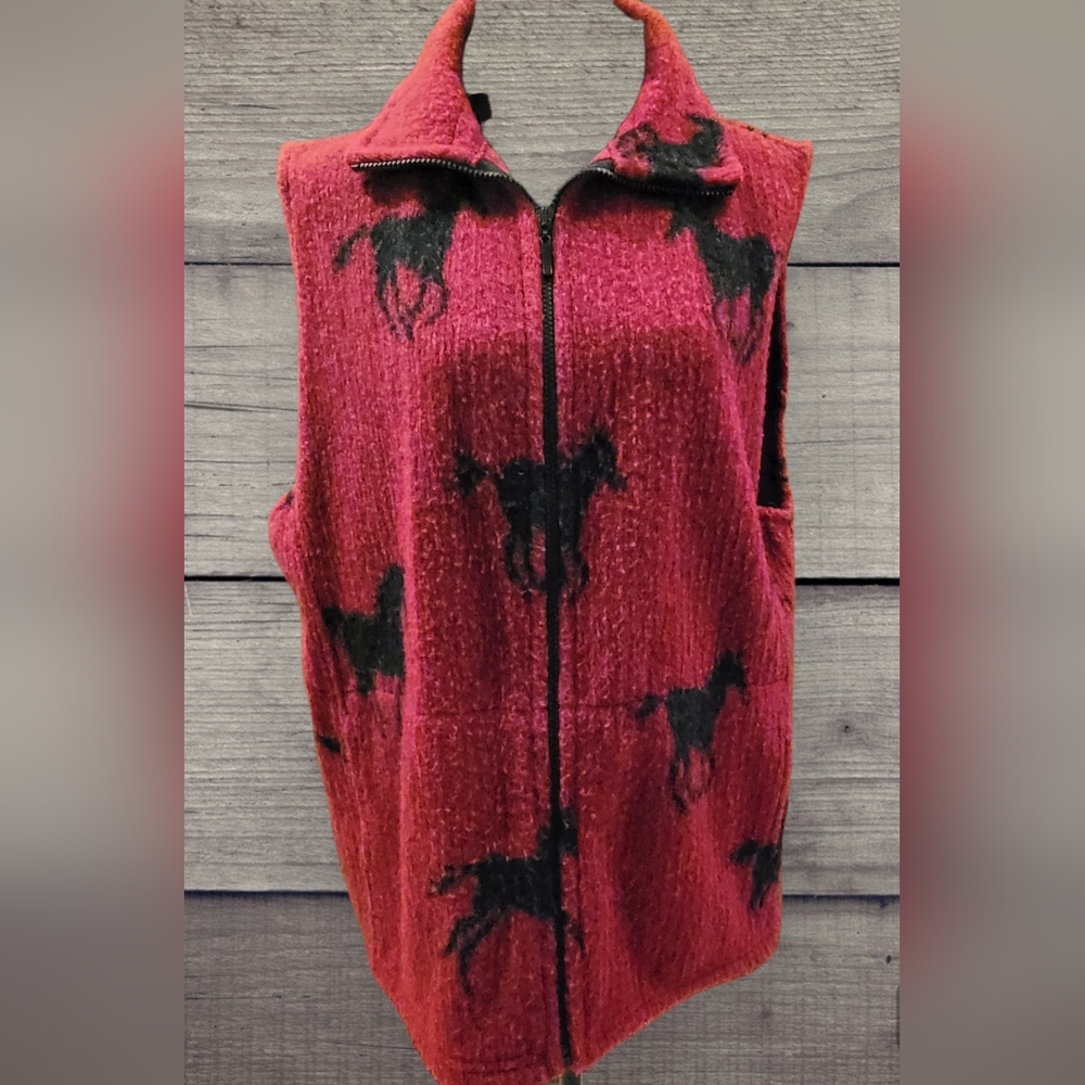 Vintage Bear Outfitters Vintage Red and Black Horse Vest, XL
